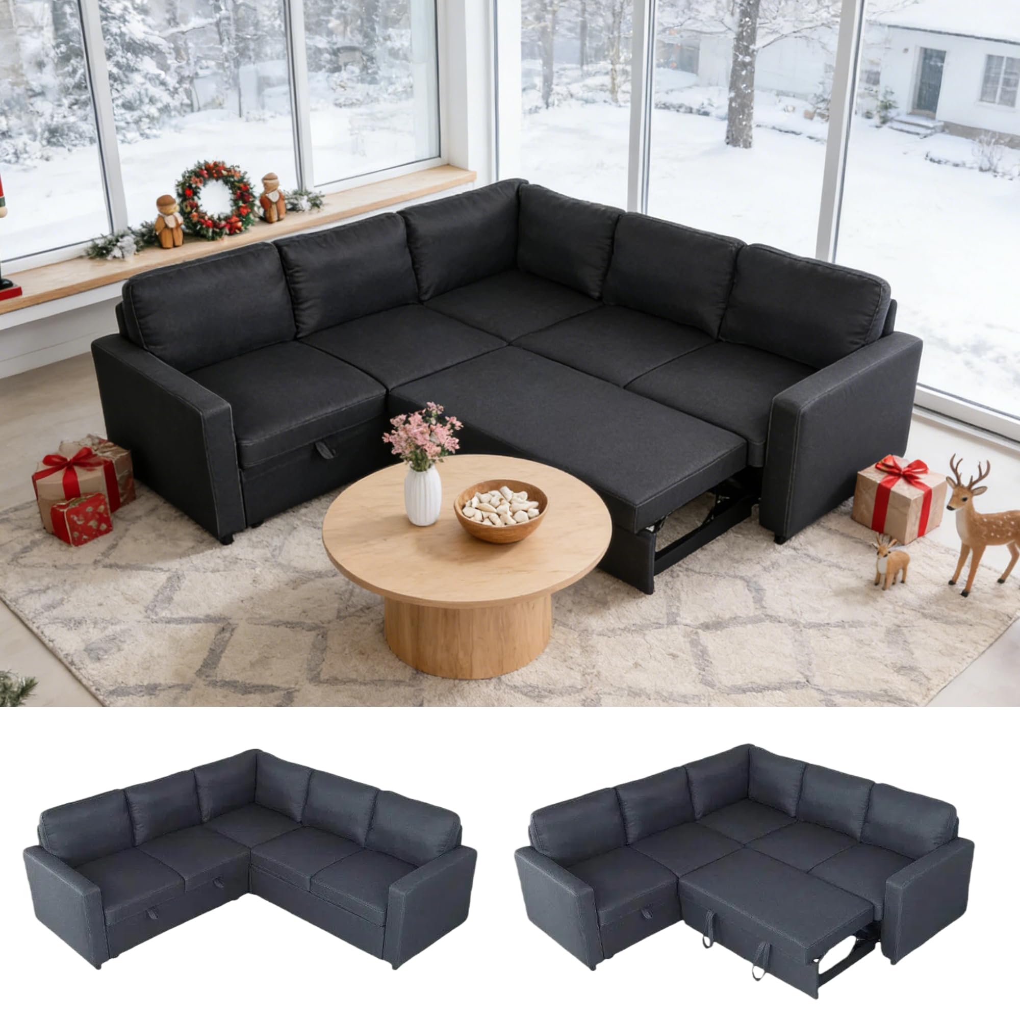 Photo 1 of Trygoal Sectional Sleeper Sofa with Pull Out Bed, L Shaped Pull Out Couch with Storage Chaise, 5 Seats Convertible Couch Bed for Apartment, Living Room, Dark Gray