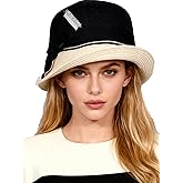 HIMESPORT Straw Cloche Hat with Bow Rolled Brim - Black & Beige Color-Blocking Design for Weddings,Parties,Outdoor Events