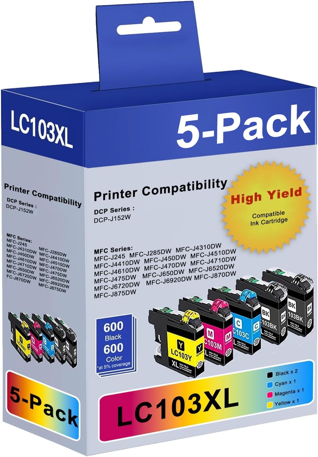 Photo 1 of LC103XL LC103 Ink Cartridges High Yield Replacement for Brother LC101 LC103 XL Ink Cartridges Work with MFC-J870DW MFC-J6920DW MFC-J6520DW MFC-J450DW MFC-J470DW (2Black 1Cyan 1Magenta 1Yellow, 5 Pack)