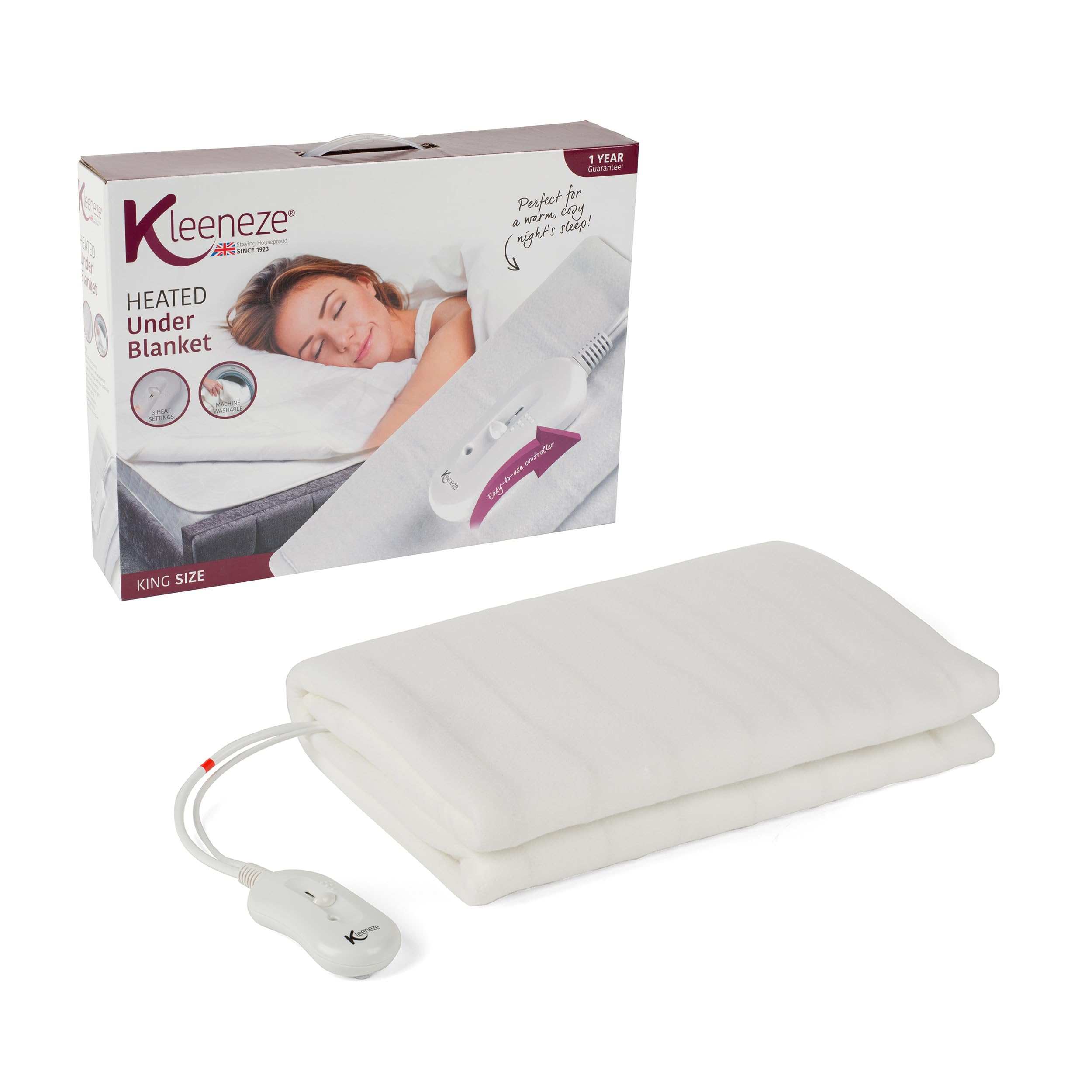 Kleeneze KL1286STK Electric Blanket King Size - 120 x 130cm, Polyester Heated Underblanket with 3 Heat Settings, Fast Heat Up, Overheat Protection, Machine Washable, Easy-to-Use Removable Controller