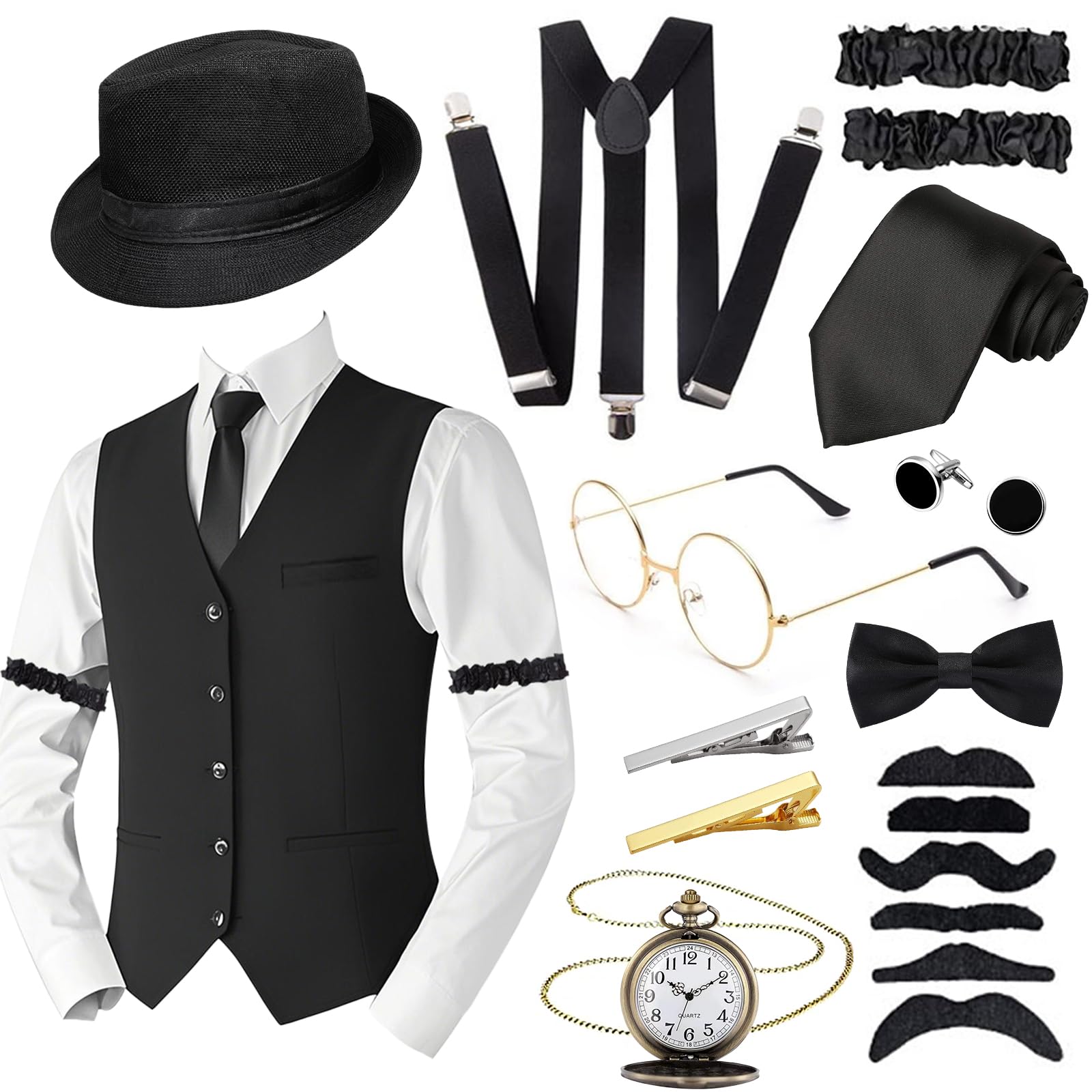 Dazzroi 1920s Gatsby Costume Set for Men, Retro Men Vest Set Includes Hat Waistcoat Suspenders Fake Mustache Pocket Watch Glasses Cufflinks Tie for Themed Party Masquerade