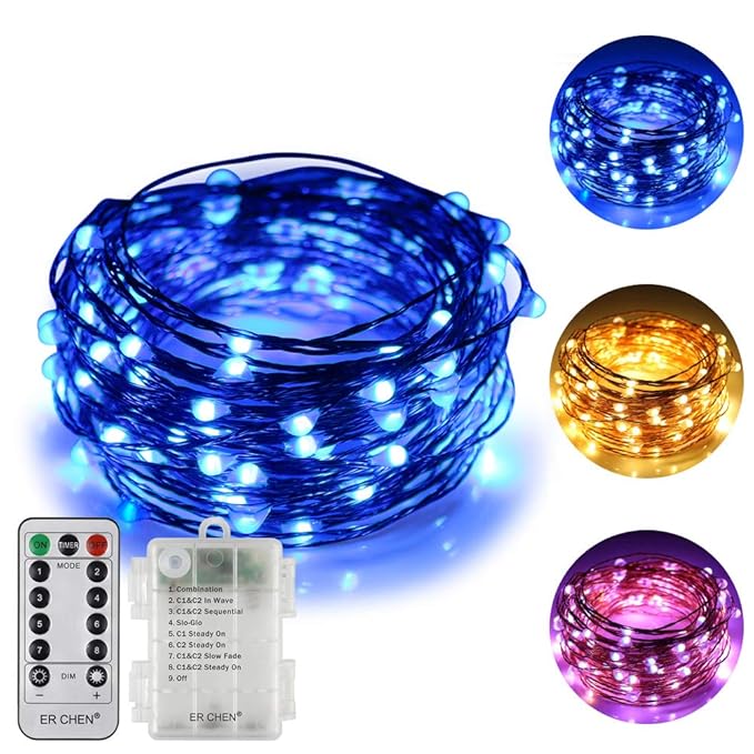 ErChen Batteriebetriebene zweifarbige LED-Lichterketten, 33FT 100 LEDs Farbwechsel Dimmbar 8 Modi Kupferdraht-Lichterkette mi