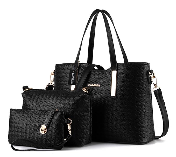 Tibes Art und Weise PU Leder Handtasche + Schultertasche + Geldbeutel 3pcs Beutel Schwarz