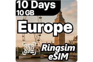 [eSIM] Europe eSIM | 10DAYS 10GB | UK, France, Italy, Spain, Germany | 5G, 4G/LTE, Tethering, Hotspot | eSIM with Instant Activation in 10 Minutes | Travel eSIM by Ringsim 10DAYS 10GB