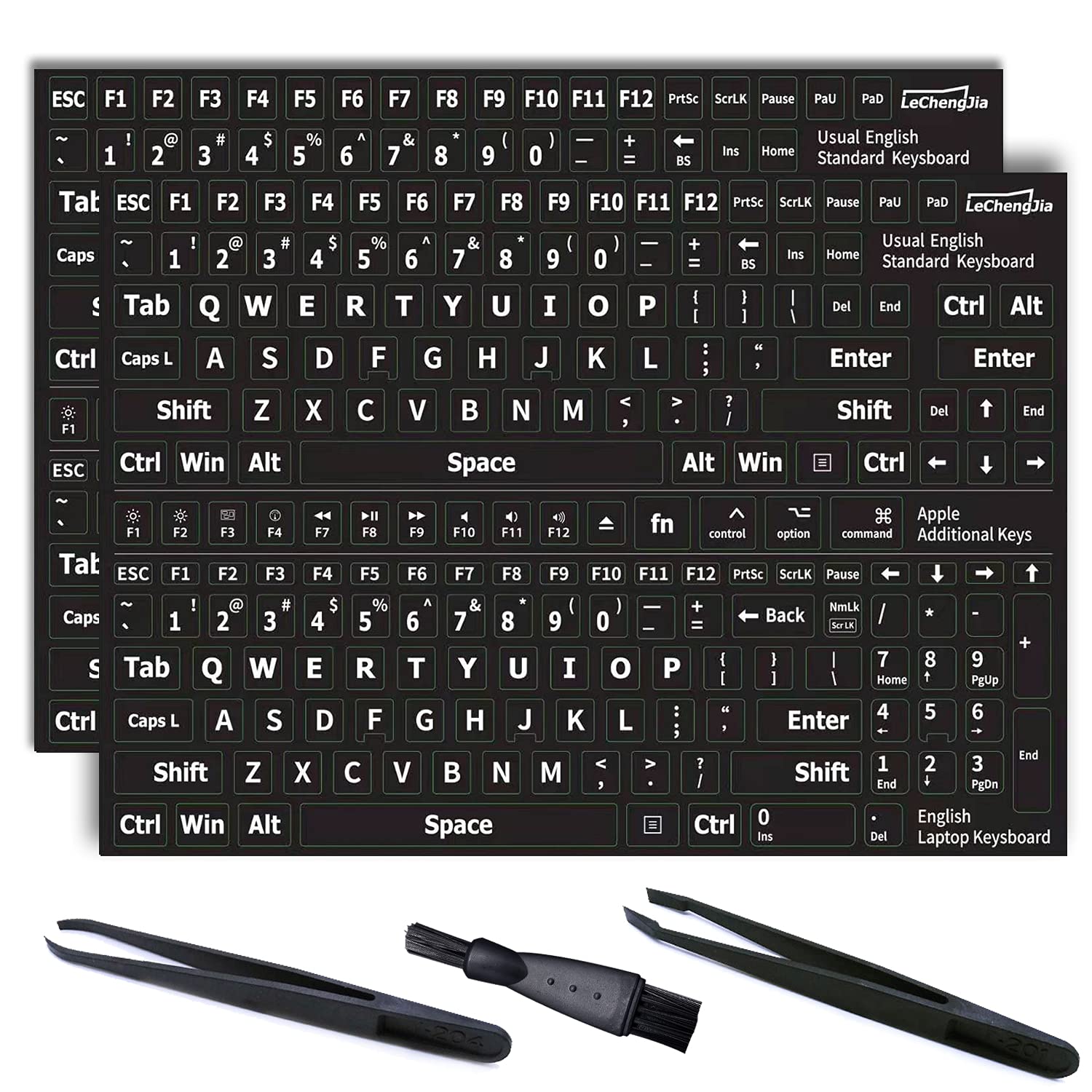 2 Pcs Black English Keyboard Stickers, Universal Keyboard Letters Replacement Sticker, Suitable For Any Standard Keyboard, With Two Tweezers And Cleaning Brush (Black-US-Matte)