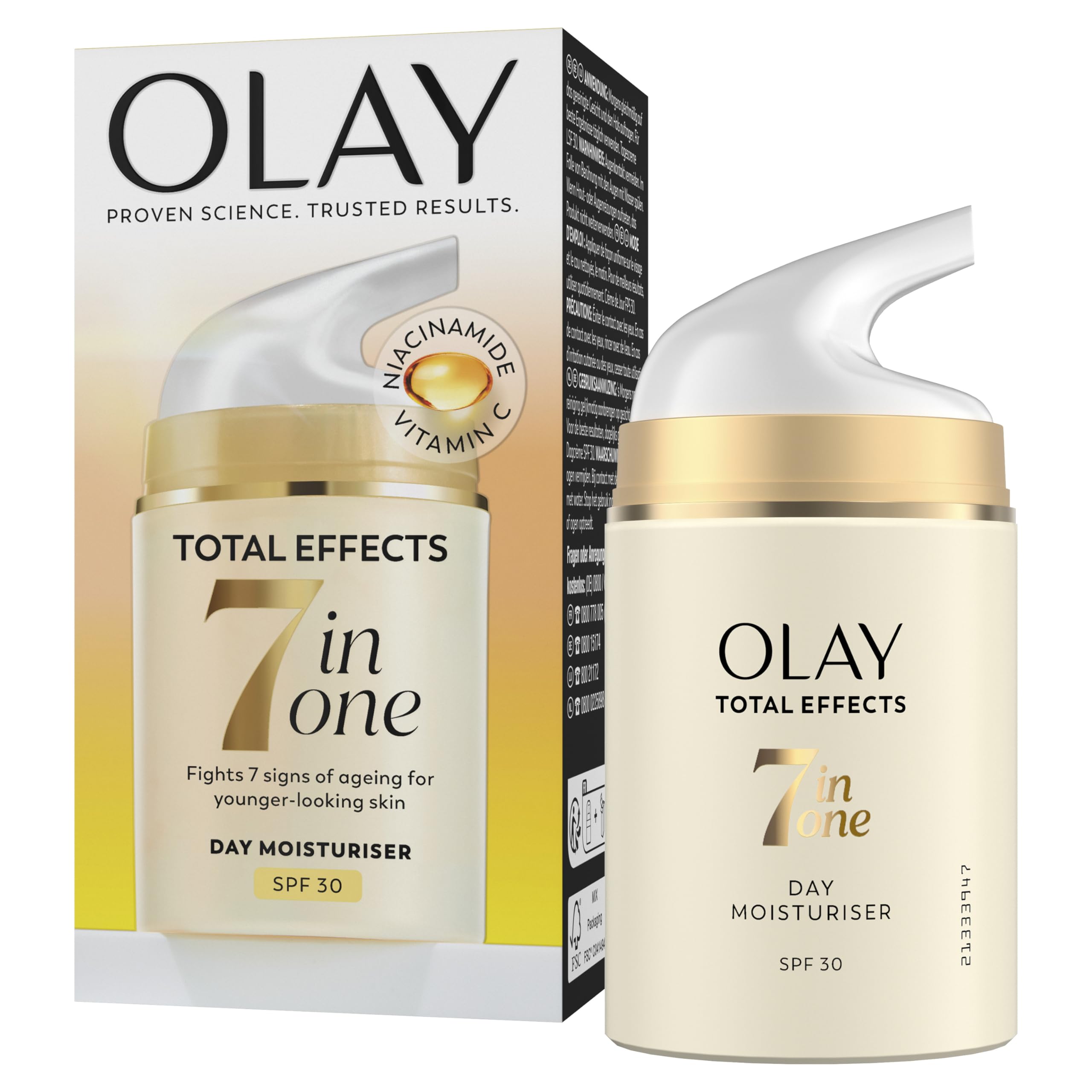 Olay Total Effects 7-in-1 Daily Moisturising Cream for Women with SPF 30, 50 ml, Day Cream with Vitamin E, B3 and B5 for Care and Protection of the Skin, Face Cream for Women (Packaging May Vary)