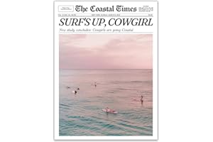 LDGSUPH Summer Trendy Pink Poster Coastal Cowgirl Surfing Canvas Wall Art Beach Ocean Prints Retro Newspaper Preppy Aesthetic Surf Up Wall Decor Bedroom Living Room 12x16 inch Unframed