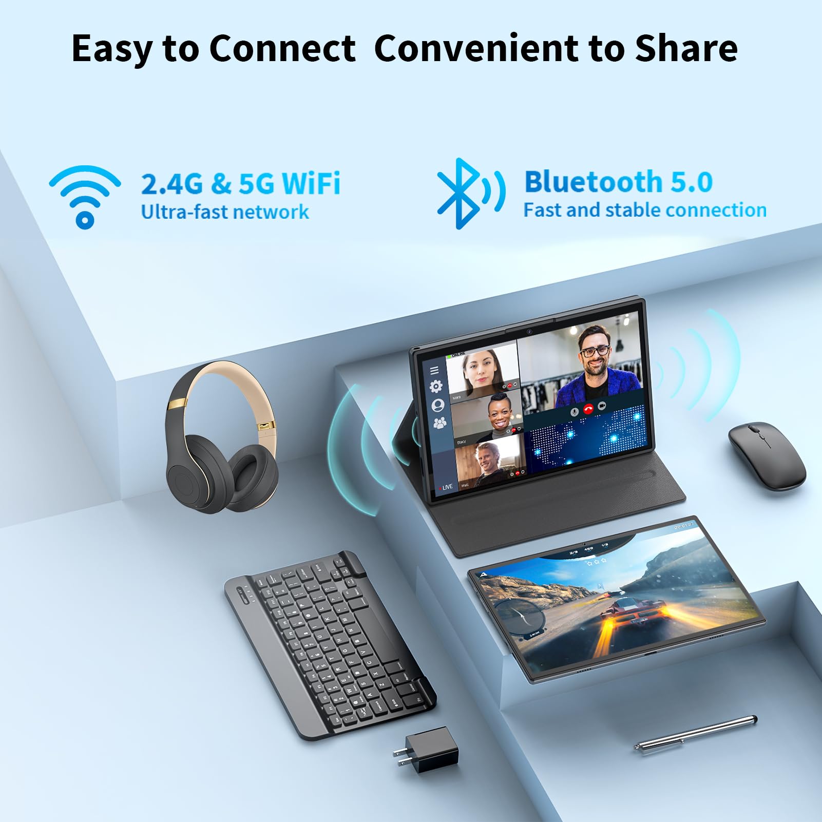 Android Tablet with Keyboard,10 inch Android 14 Tablets, 12GB RAM 128GB ROM, 1TB Expand, 8000mAh, 2.4G/5G WiFi, Bluetooth, GMS Certified, with Case, Mouse, Stylus Tablet PC (Black Case)