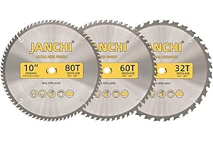JANCHI 3-Pack Combo 10-Inch 32T & 60T & 80T Woodworking Saw Blades with 5/8" Arbor, .095" Thin Kerf Alternating Top Bevel Tungsten Carbide Teeth Miter/Table Saw Blade Ideal for Various Woods Cutting