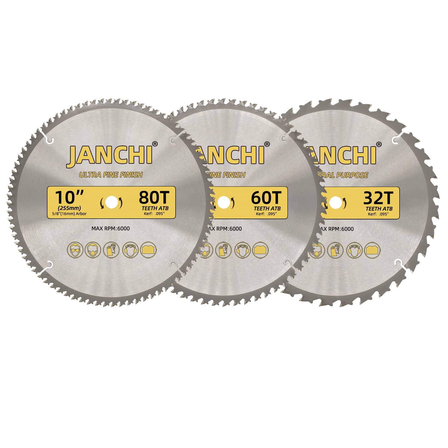 Photo 1 of 3-Pack Combo 10-Inch 32T & 60T & 80T Woodworking Saw Blades with 5/8" Arbor, .095" Thin Kerf Alternating Top Bevel Tungsten Carbide Teeth Miter/Table Saw Blade Ideal for Various Woods Cutting