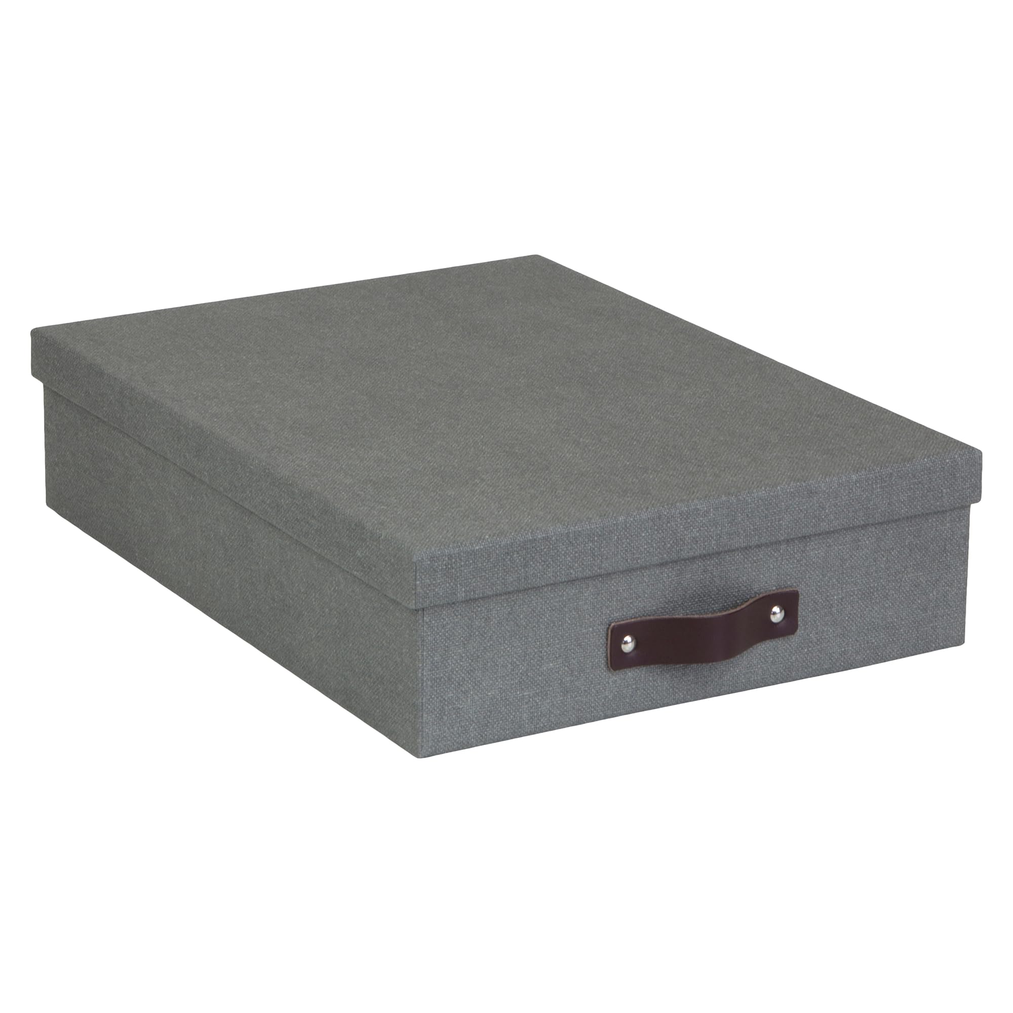 Bigso Box of Sweden Document Box for A4 paper, Brochures and Notes - Box with Lid and Leather Handle - Fibreboard and Paper Box Storage with Lid - Grey