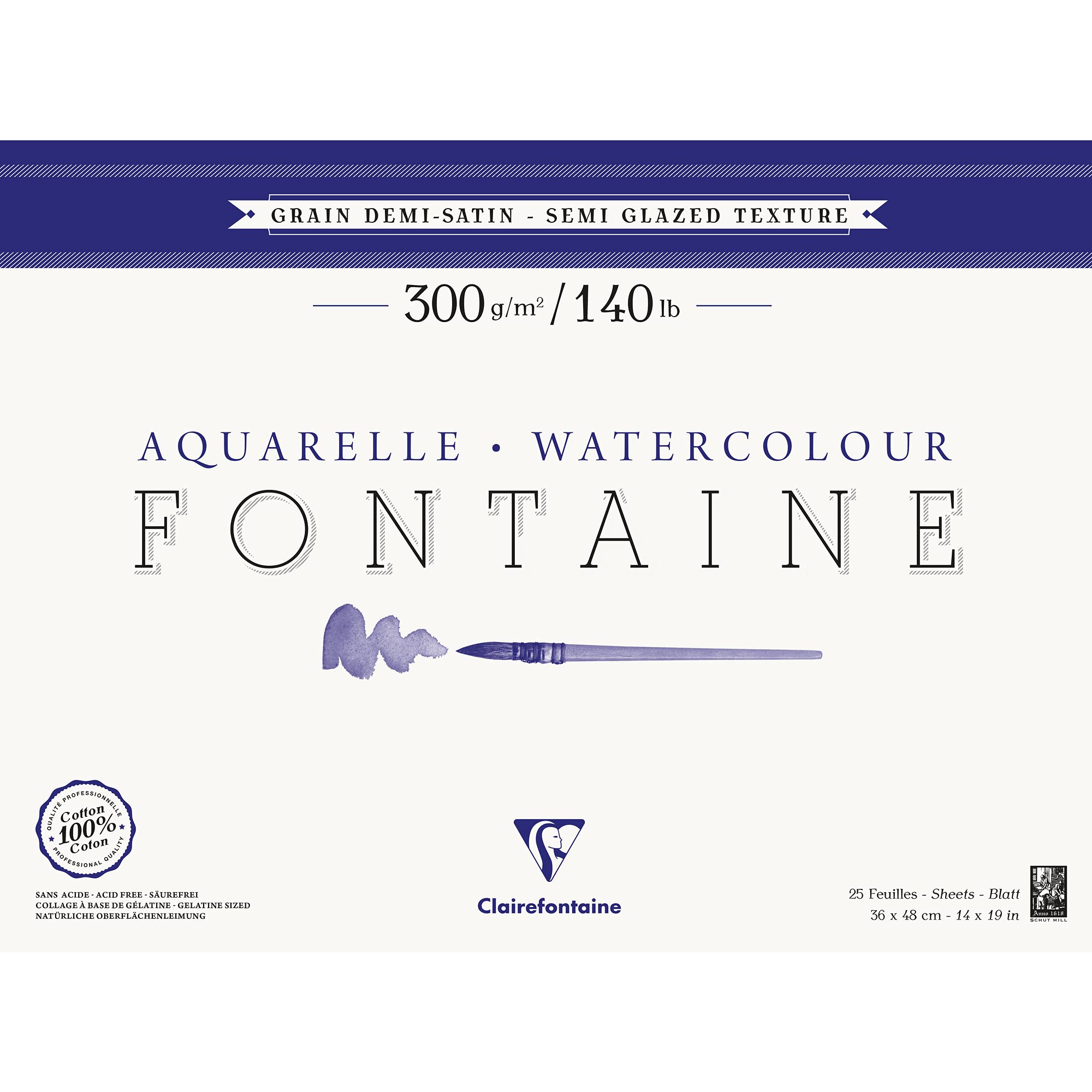Clairefontaine - Ref 96408C - Fontaine Semi Hot Pressed Watercolour Glued Pad (25 Sheets) - 36 x 48cm Size, 300gsm Paper - Suitable for Watercolour Artwork