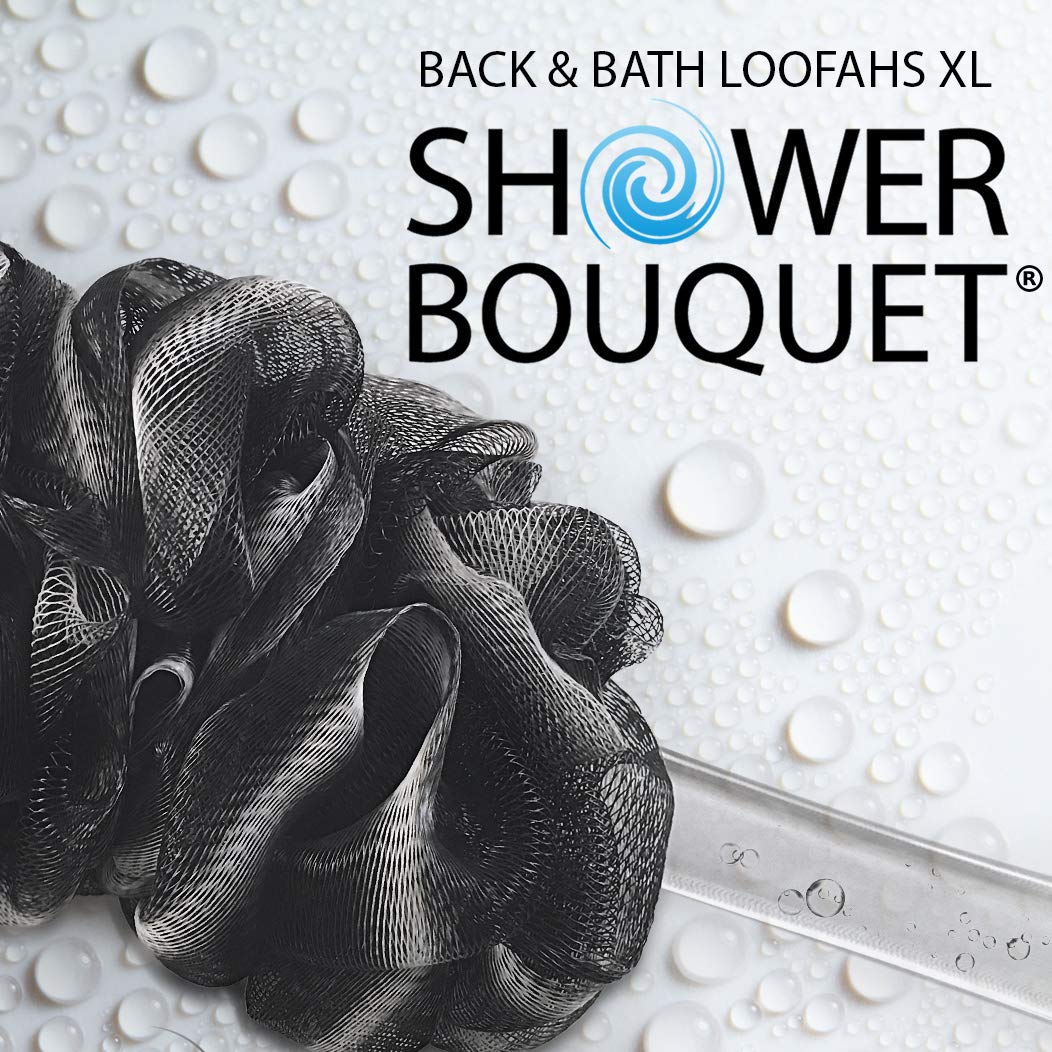 Loofah-Charcoal Back-Scrubber & Bath-Sponges by Shower Bouquet: 1 Long-Handle-Back-Brush plus 2 Extra Large 75g Soft Mesh Poufs, Men & Women - Exfoliate with Full Pure Cleanse in Bathing Accessories: Beauty