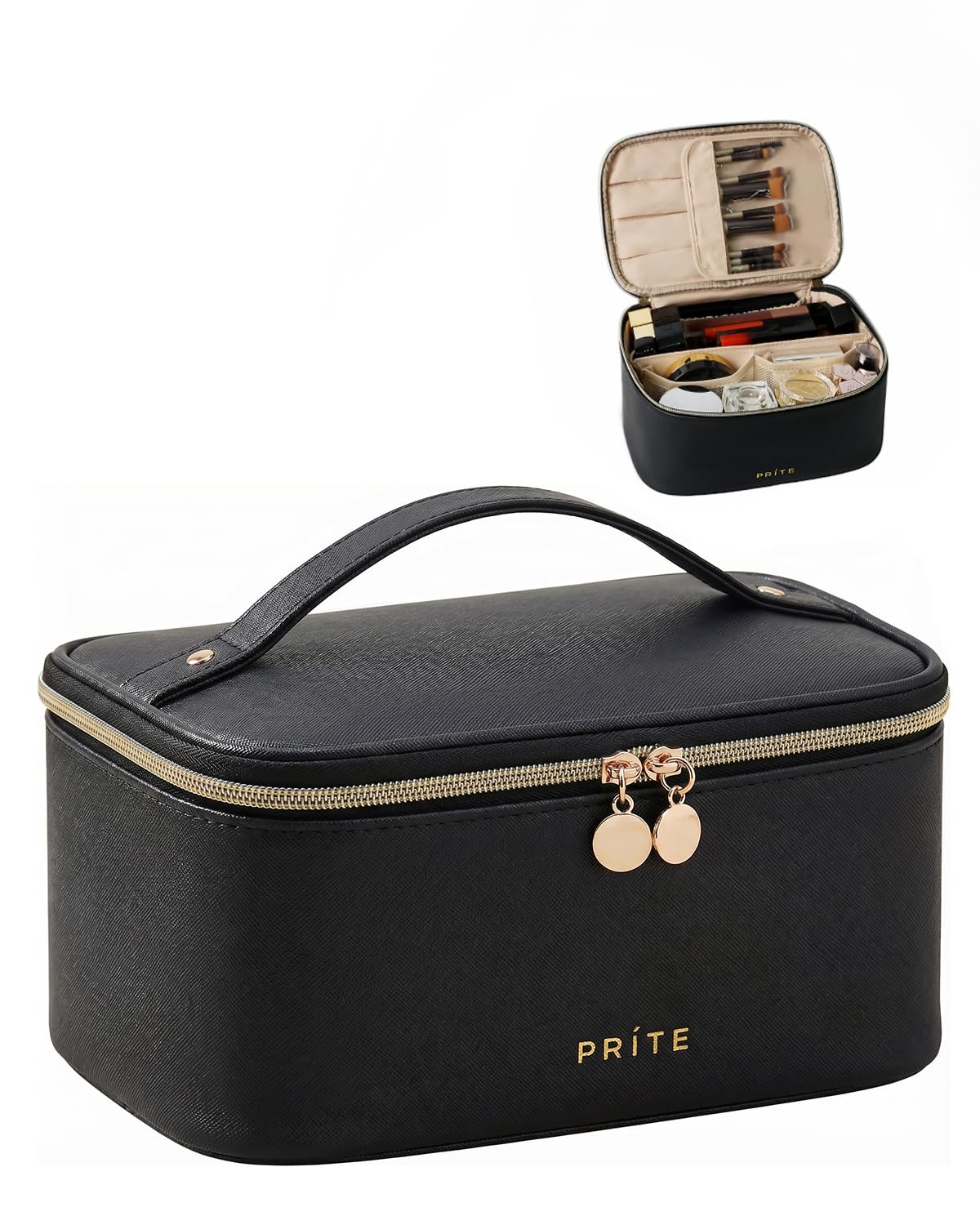 Prite Large Makeup Bag for Women Travel Cosmetic Case Waterproof PU Leather Toiletry Bag Portable Make Up Organiser with Handle and Removable Divider (Black)