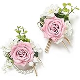 Serwalin Pink Rose Corsage and Boutonniere Set, Prom Flower Wrist Corsage Bracelets, Homecoming Roses Corsage Wristlet and Men Boutonniere for Wedding Flowers Accessories Prom Suit Decorations