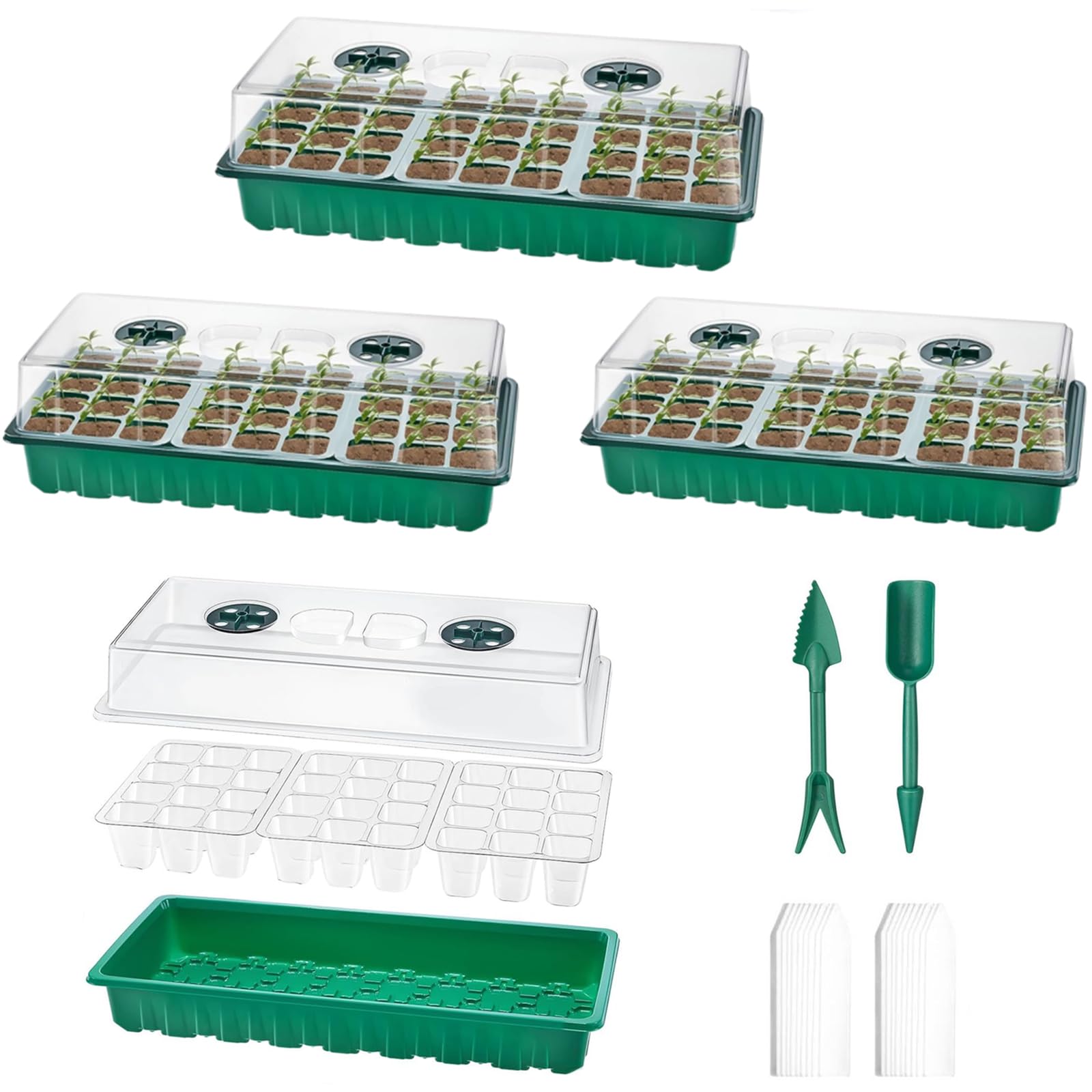 AmoJLnks 6 Pack Seed Tray with Grow Lights,72 Cell Seedling Propagation Trays with Elevated Lids,Reusable Plastic Germination Starter Kit for Greenhouse and Garden (3 * 36 Seed Trays)