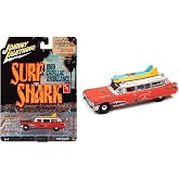 Johnny Lightning 1959 Cadillac Ambulance Red with White Top Malibu Beach Rescue (Weathered) with Surfboards on Roof Surf Shark Street Freaks Series 1/64 Diecast Model Car