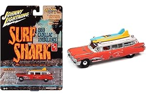 Johnny Lightning 1959 Cadillac Ambulance Red with White Top Malibu Beach Rescue (Weathered) with Surfboards on Roof Surf Shark Street Freaks Series 1/64 Diecast Model Car