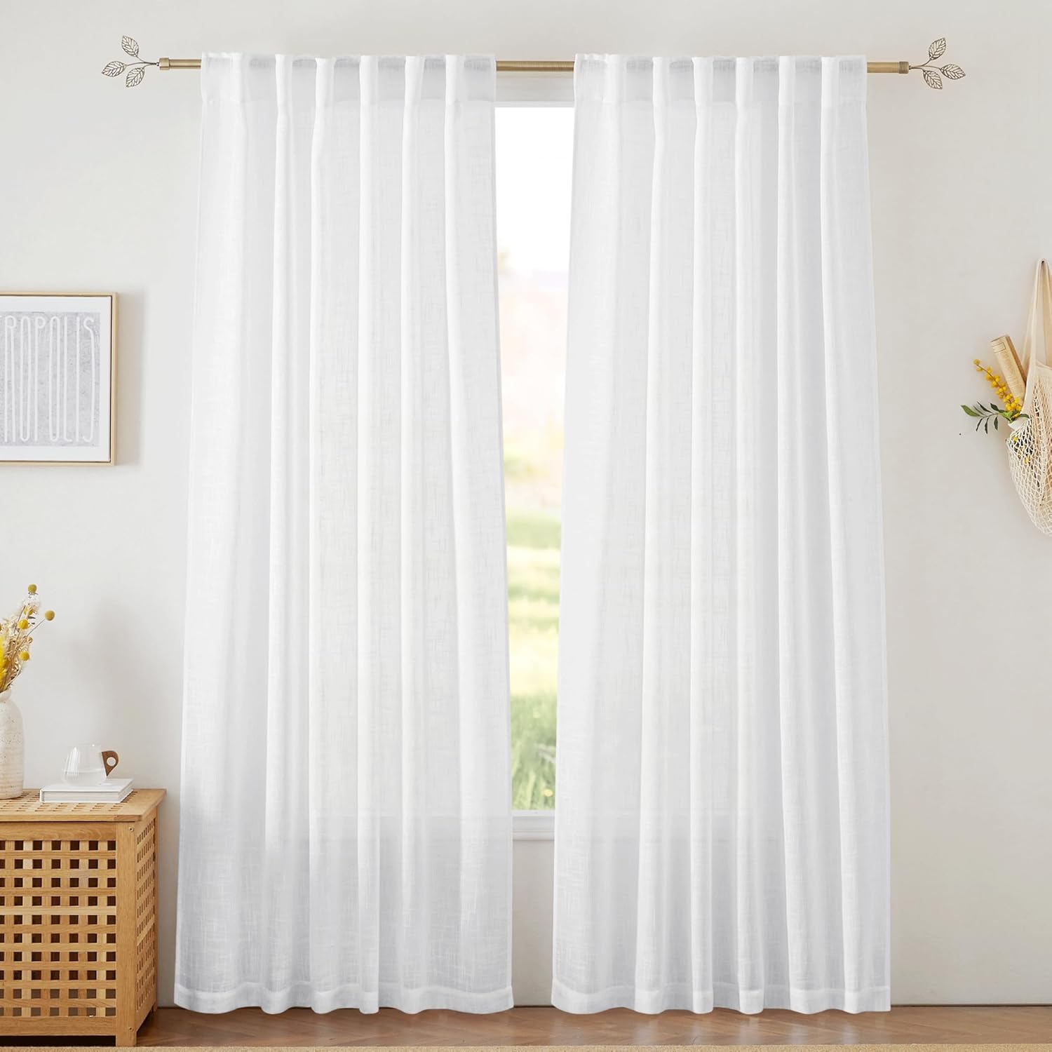 Window Treatments - RYB HOME White Sheer Curtains Linen Texture Window Panels, Semi Sheer Drapes, 52 x 84, Pack of 2