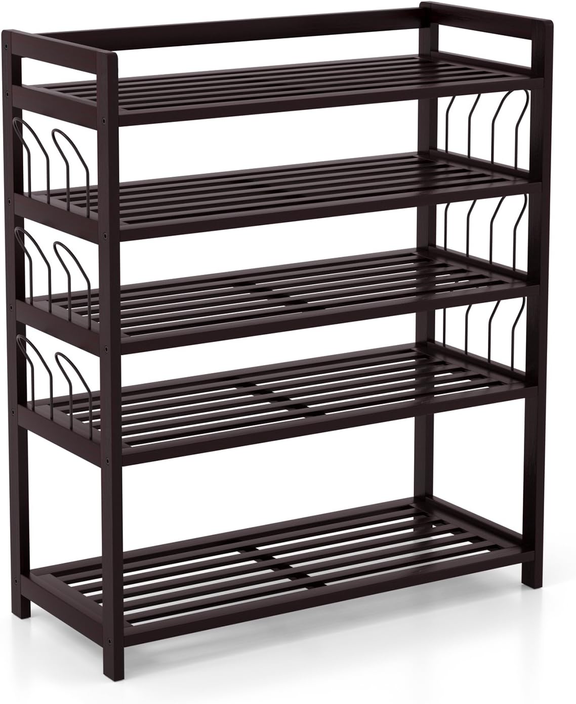 bamboo shoe rack amazon on Homfa Bamboo Shoe Shelf Storage Organizer 5 Tier With 12 Hanging Bar Entryway Shoe Rack Home Shelf Storage Cabinet For Shoes Books And Flowerpots Dark Brown Home Kitchen Amazon Com