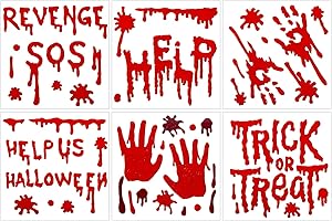 HOHUCRAB 6 Sheets Halloween Window Clings Gel, Reusable Blood Window Clings Gel, Scary Decorations, Help Us, Revenge SOS, Trick or Treat, Bloody Halloween Decorations