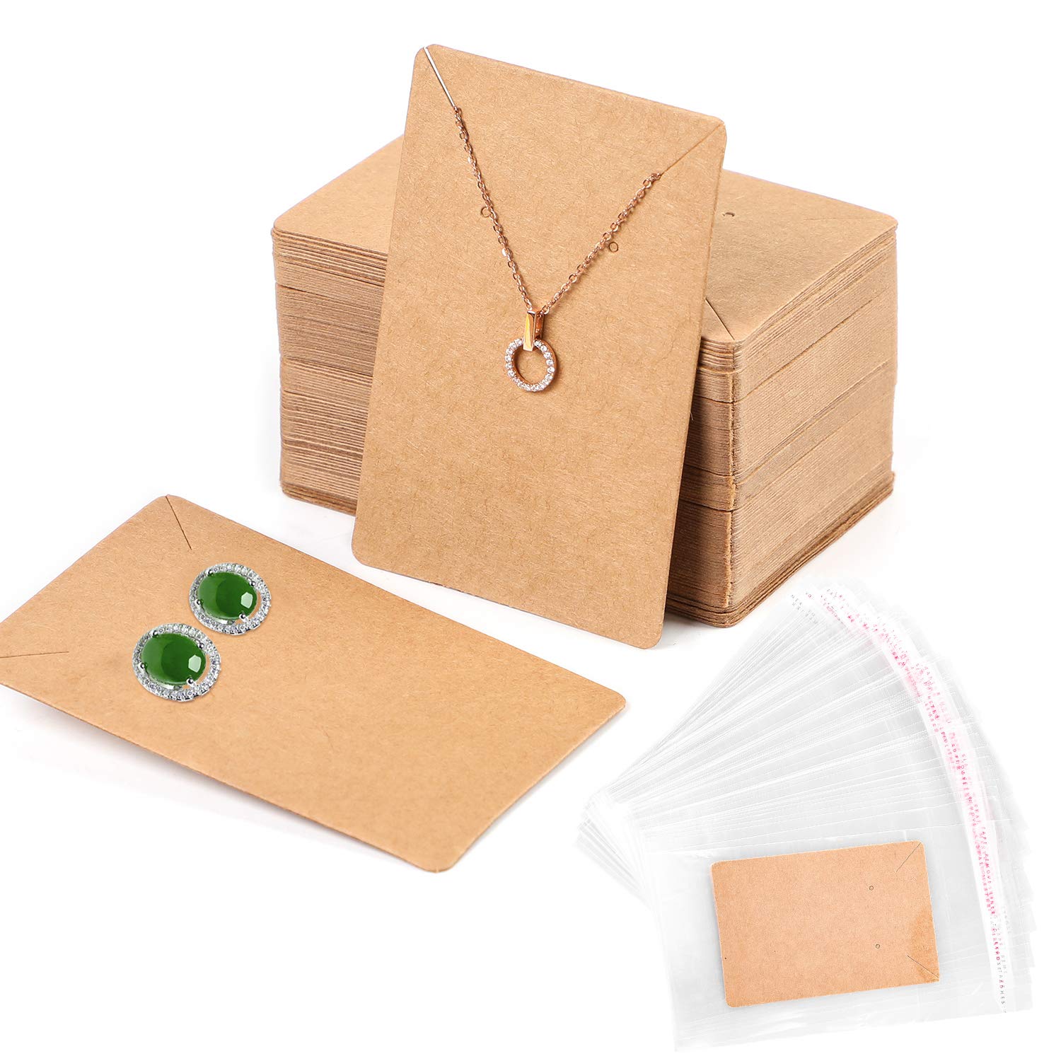 Litthing Earring Card Display Earring Holder Cards 100PCS Earring Tags + 200PCS Self Seal Bags for Earrings Necklace Jewelry Display 5x2.4 Inches (Brown)