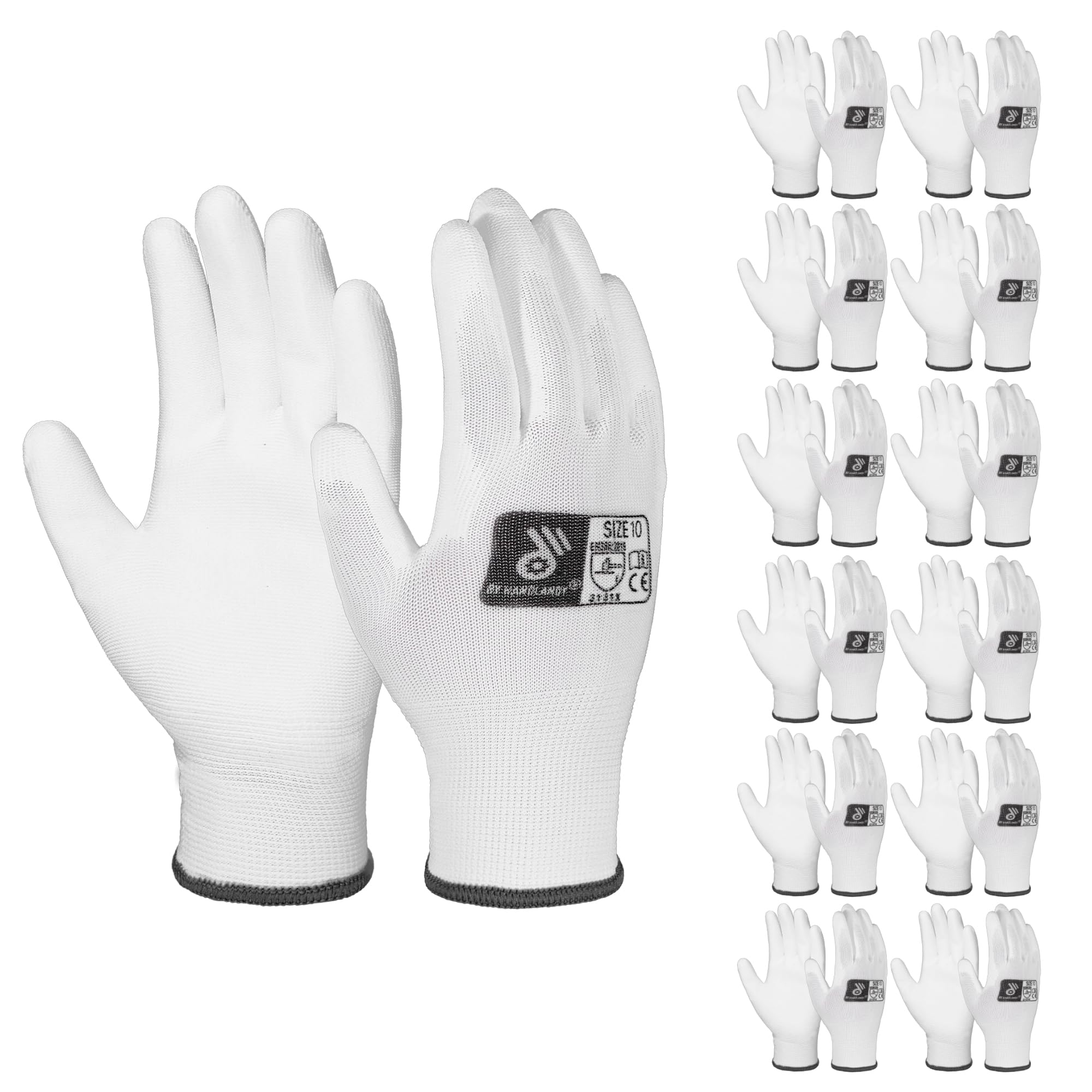 HANDLANDY 12 Pairs PU Coated Nylon Black Protective Work Gloves, Non-slip Flexible Gloves for Construction, Warehouse, Gardening (White, X-Large)