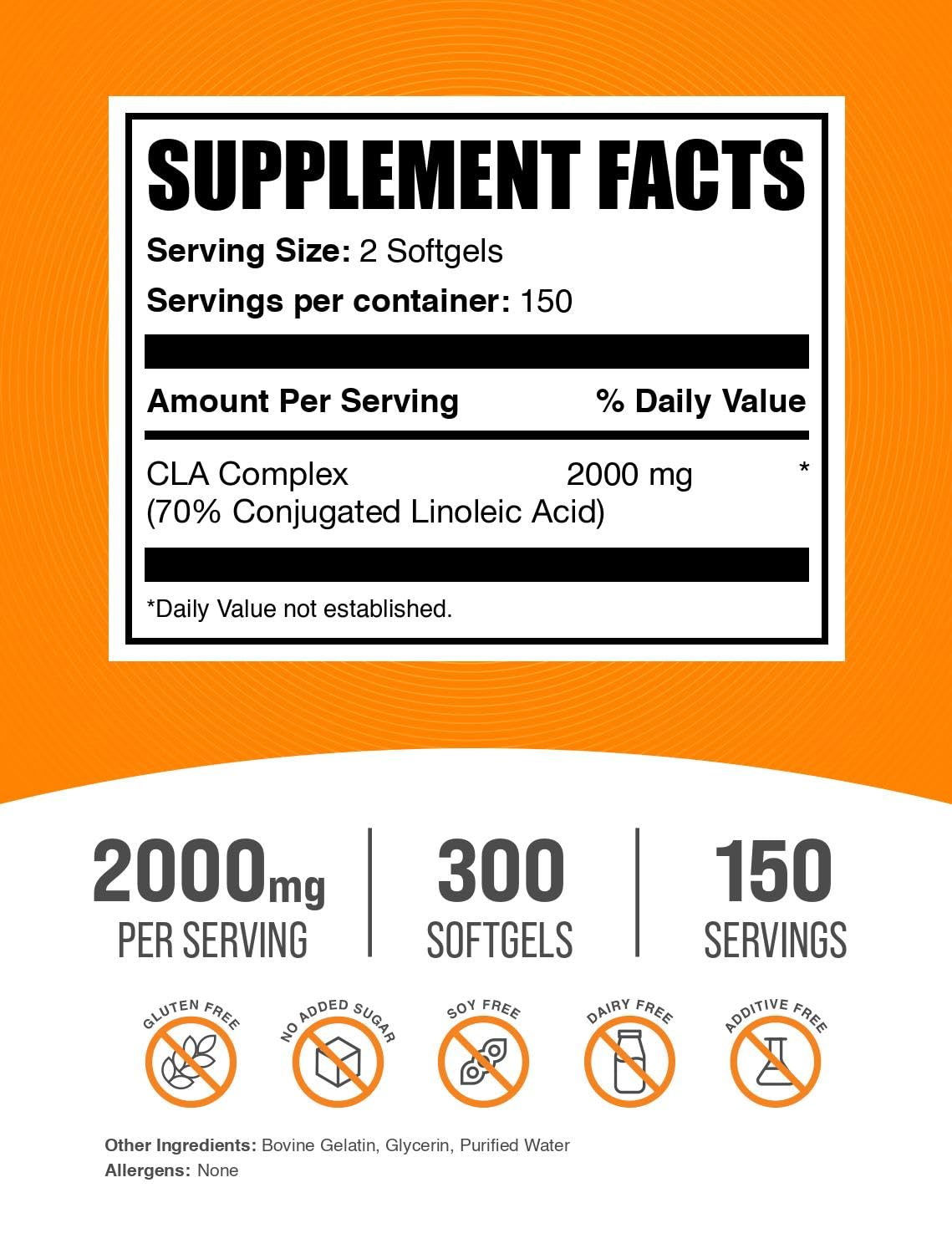 BulkSupplements.com Conjugated Linoleic Acid Softgels - CLA Supplements, CLA 2000mg, CLA Safflower Capsules, CLA Pills - 2 CLA Softgels per Serving, 150-Day Supply, 300 Softgels