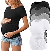Huukeay 4 Pack Women's Maternity Shirts, Crew Neck Maternity Top Short Sleeve Casual Cotton Tee Side Ruched Pregnancy Clothes