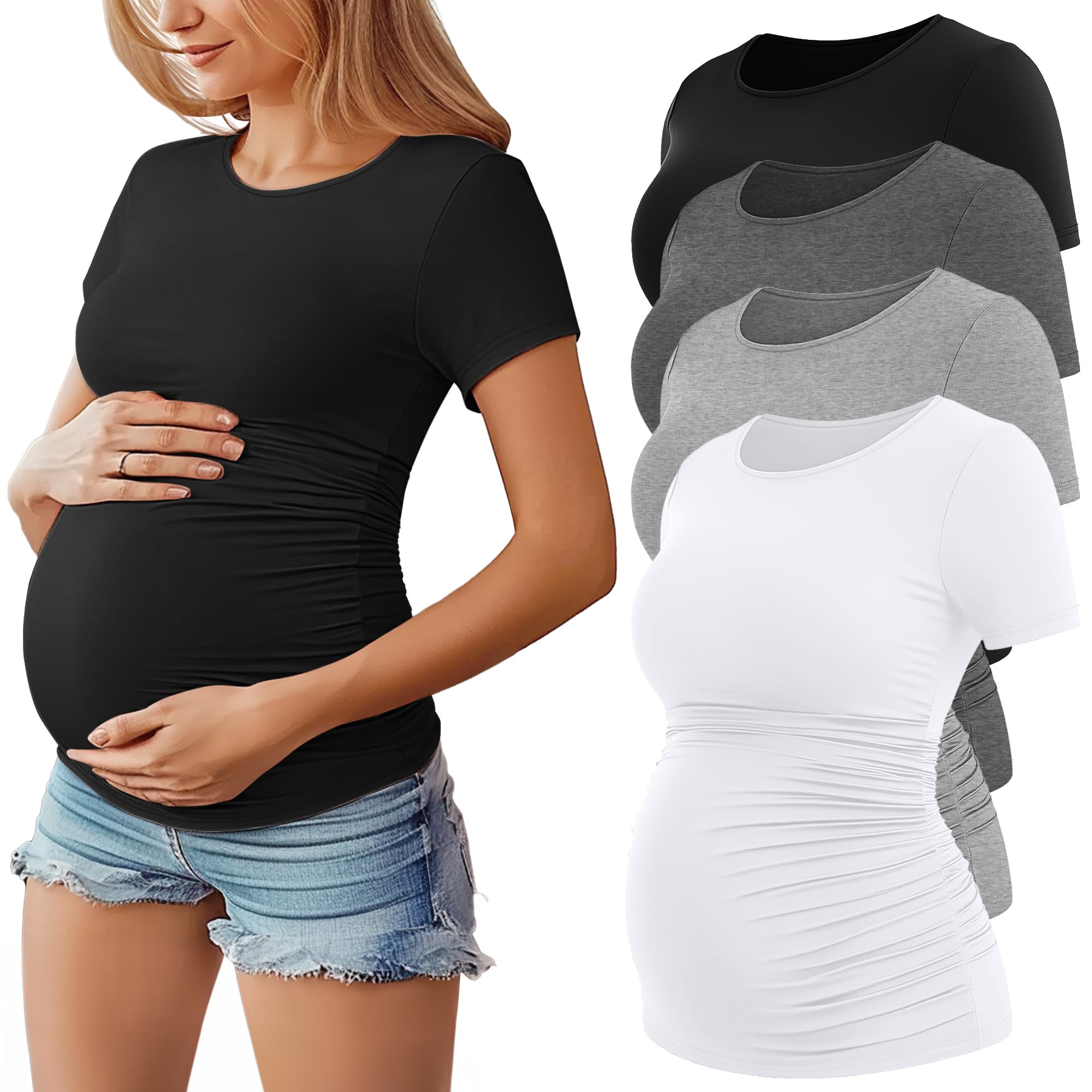 Photo 1 of Huukeay 4 Pack Women's Maternity Shirts, Crew Neck Maternity Top Short Sleeve Casual Cotton Tee Side Ruched Pregnancy Clothes(Black, Light Gray, Dark Gray, White,Medium)