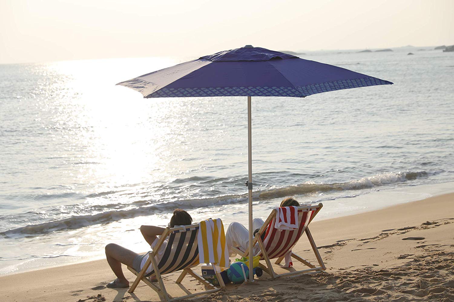 AMMSUN 8ft Fiberglass Ribs Commercial Grade Patio Beach Umbrella with Sand Anchor Adjustable Height with air Vent UPF 50+ and Telescoping Pole Navy
