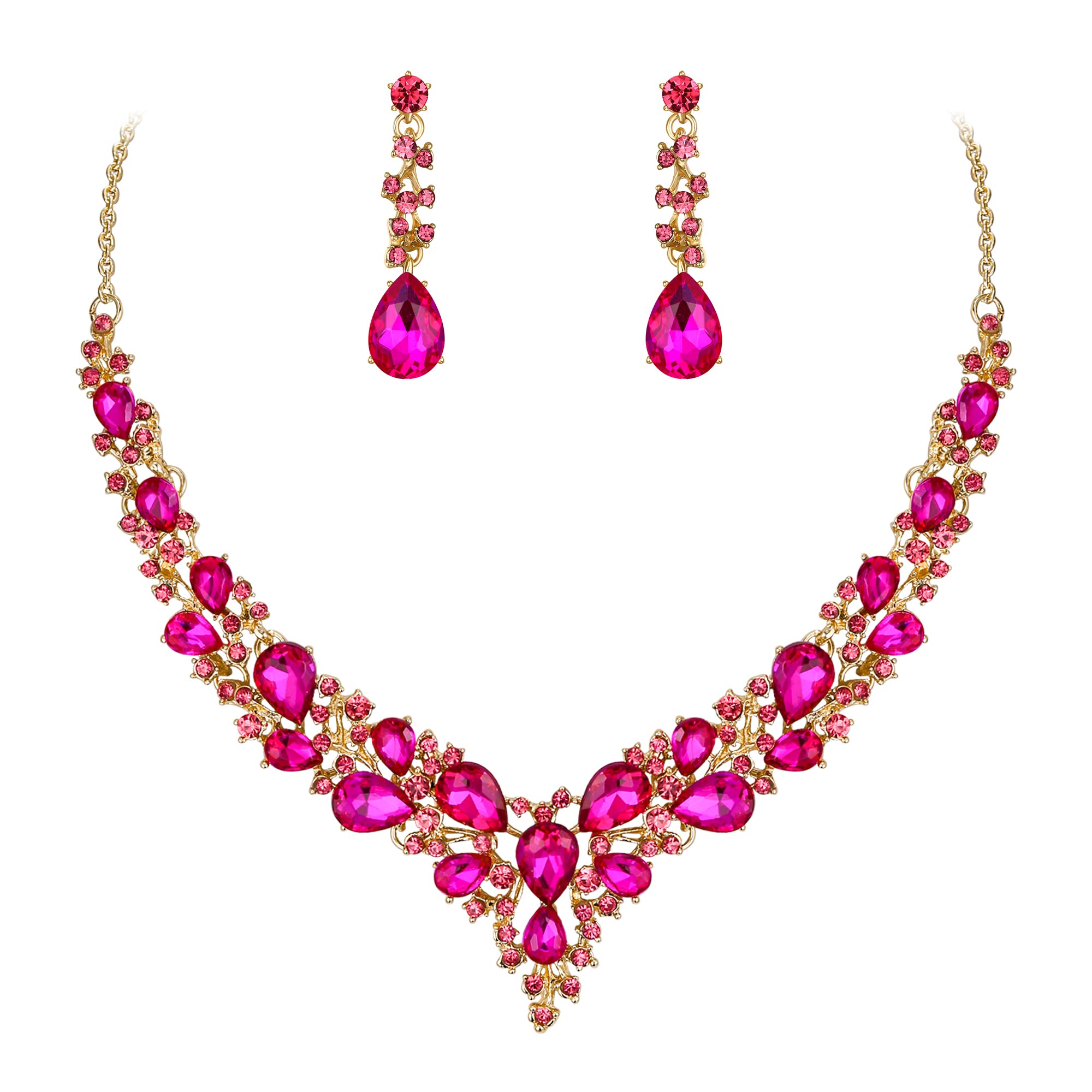Ever Faith Wedding Bridal Crystal Sparkly Rhinestone Teardrop Cluster Statement Necklace Dangle Earrings Jewellery Set for Women Fuchsia