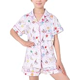 HMPEAIIY Girls Pajamas Sets, Kids Monkey Button Down Sleepover Loungewear | Cute Soft Preppy Top &amp; Short Outfit, V-Neck, Short Sleeve, Chest Pocket, Holiday Sleepwear, Xmas Thanksgiving Birthday Gift