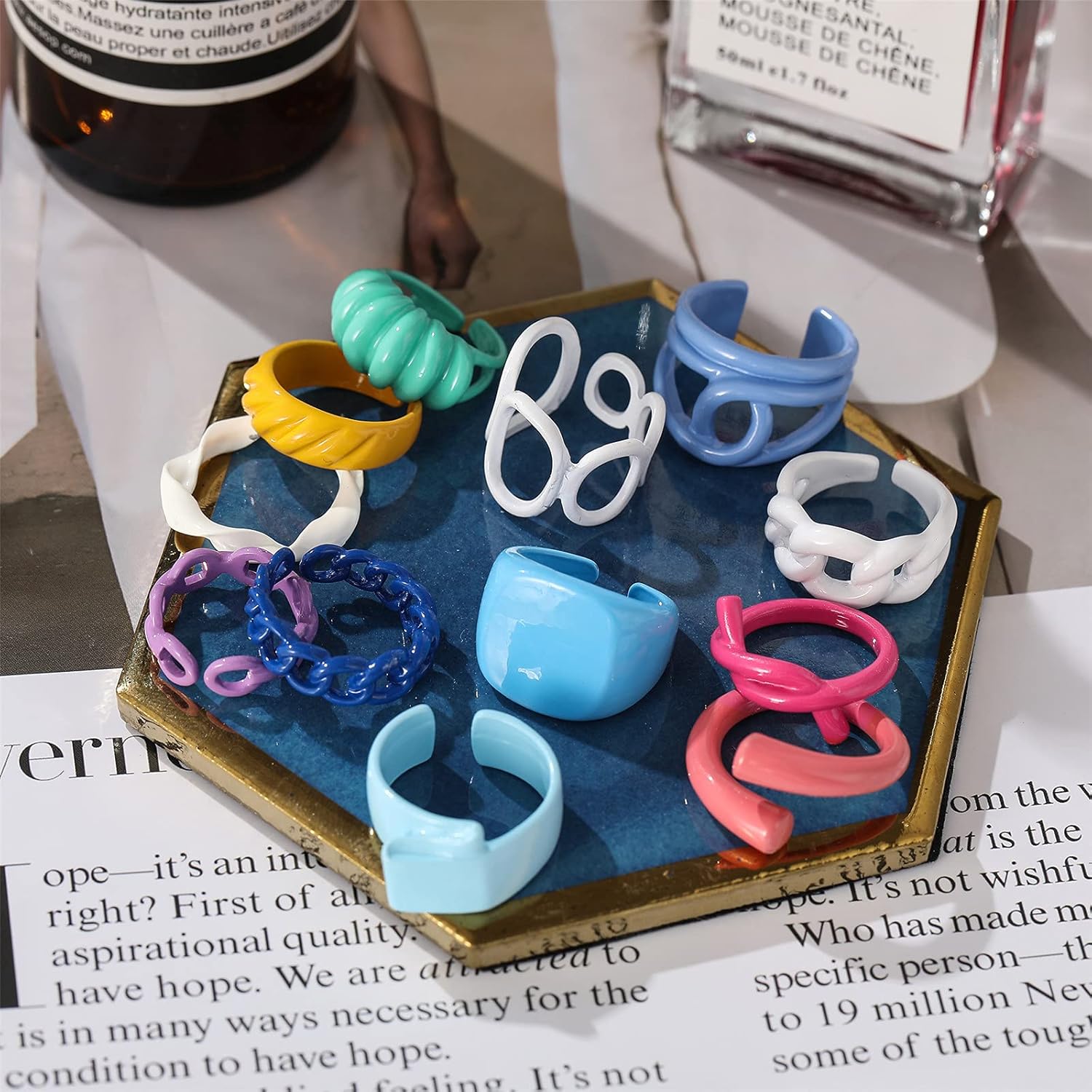 Chunky Colorful Rings, 12 Pcs Trendy Resin Open Stackable Finger Knuckle Rings for Women/Men (Color 1): Clothing