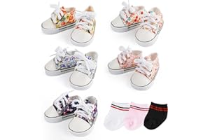 BABESIDE 18 Inch Baby Doll Shoes Sets with Socks for Dolls, 5 Pairs of Dolls Canvas Shoes with 3 Pair of Socks for 18 Inch Baby Doll Accessories, Floral Patterns