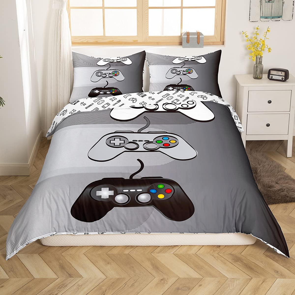 richhome Kids Gamer Bedding Set Double Size,Game Console Sketch Duvet Cover Reversible,Grey Striped Comforter Cover,Simple Style Boys Girls Room Decor Quilt Cover,2 Pillowcase
