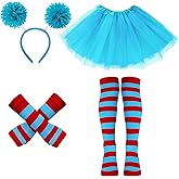Boutrele 4 Pcs Halloween Costumes for Girls,Blue Tutu Skirt/Pom Pom Headband/Striped Sock/Gloves Kids Dress Up Accessories