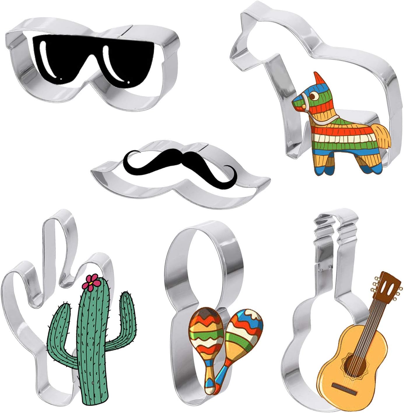 Cinco De Mayo Cookie Cutter Set Stainless Steel DIY Cake Biscuit Moulds Pastry Fruit Fondant Cutters and Molds for Baking Decorating Supplies Kit with 6 pcs DIY Printed card