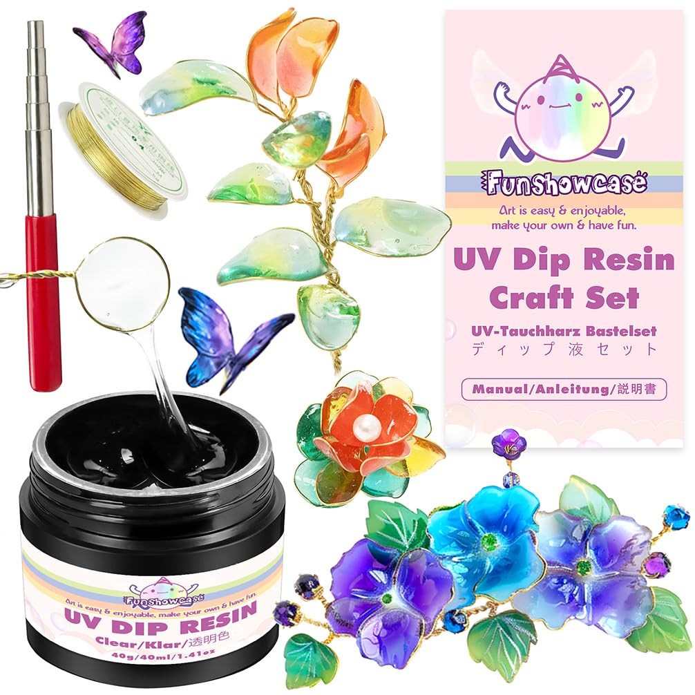 UV Dip Resin for Wire Shapes, Wire Art Low Odor Handmade Set, Transparent UV Dip Resin-40ml, 4mm(0.15inches) Copper Wire Roll 7m(22.9fts), Winding Rod Size 5mm-9mm(0.19-0.35inches)
