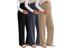 Sweetyweee 3 Pack Women's Maternity Pants Over The Belly Pregnancy Pants Stretchy Loose Wide Leg Lounge Pajama with Pockets