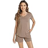 WiWi Pajamas for Women Short Sleeve Top and Shorts Sets Viscose from Bamboo Pj Sleepwear Pajama Set S-XXL