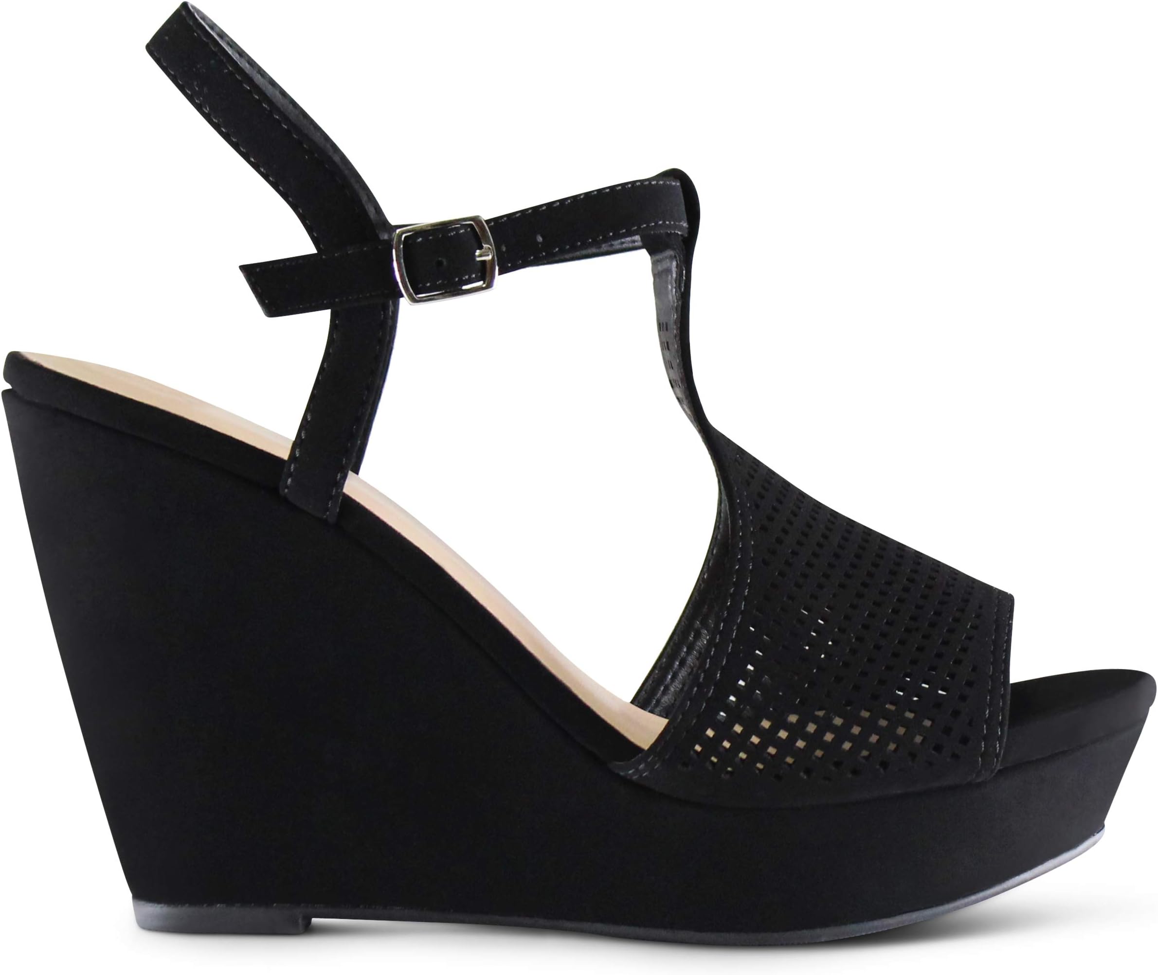 AFFORDABLE FOOTWEAR Women's Open Toe Perforated Laser Cut High Platform Wedge Sandals