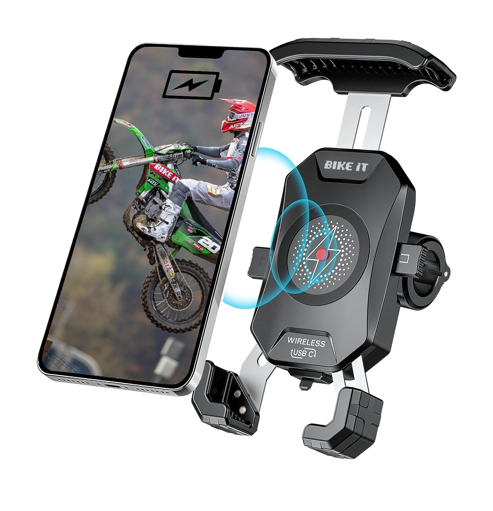 Bike It Motorcycle Phone Holder 15W Fast Wireless Charger + USB-C 20W Super Fast Charger, Waterproof Motorbike Mobile Holder, Mount Fits 4'' - 7'' Mobile Phones