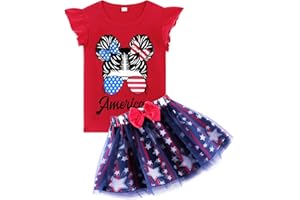 RETSUGO Baby Girls 4th of July Outfit Tulle Tutu Skirts Set Toddler Kids American Flag Heart Print Dress 2-8 Years Old