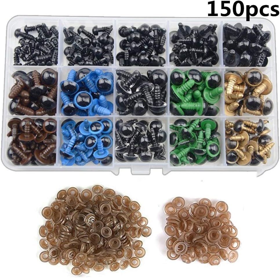 byou Plastic Safety Eyes,Safety Eyes for Soft Toys 150 pieces 8 to 12 mm Colorful Solid Eyes with Washers in Storage Box for Teddy Bear Doll Puppet and Crafts