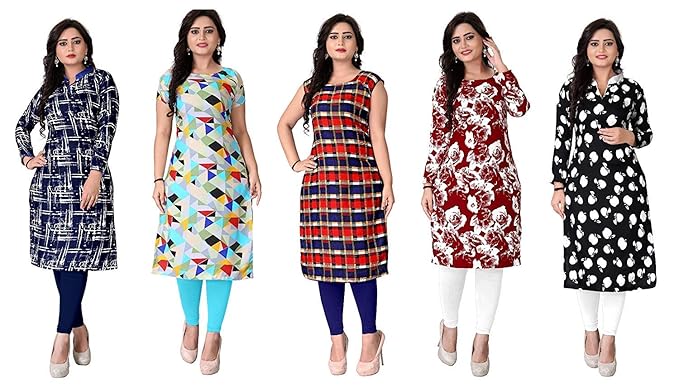 Women's A-Line Crepe Printed Semi-Stitched Kurti Material (1023,24,25,38,52.Z, Multicolour, Free Size)- Pack of 5