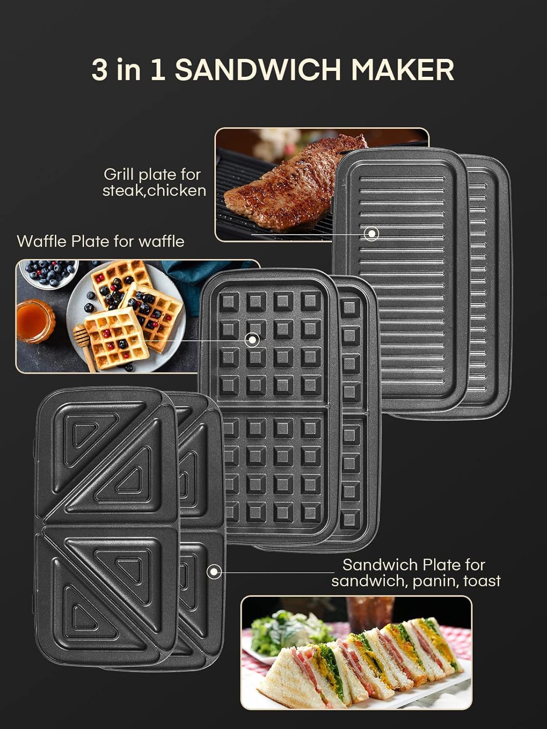 FOHERE Sandwich Maker 3 In 1 Waffle Maker With Removable Plates,1200W Grilled Cheese Maker, 5-gear Temperature Control, Non-stick Coating Easy to Clean, Indicator Lights, Silver/Black