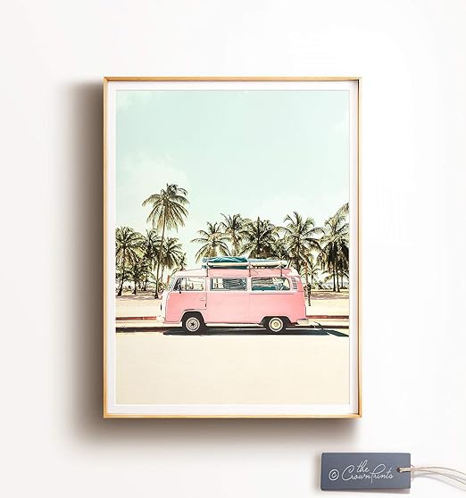Amazon Com Timprint Vw Bus Decor Printable Art Retro Poster Beach Print California Wall Art Palm Trees Beach Poster Kombi Print Pink Wall Art Boho Art Posters Prints