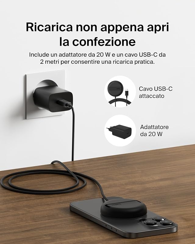 Tappetino di ricarica wireless magnetica 15 W con supporto, caricatore wireless Qi2 compatibile con MagSafe per iPhone 16 Series, Samsung Galaxy S25 Series, AirPods (con alimentatore), nero