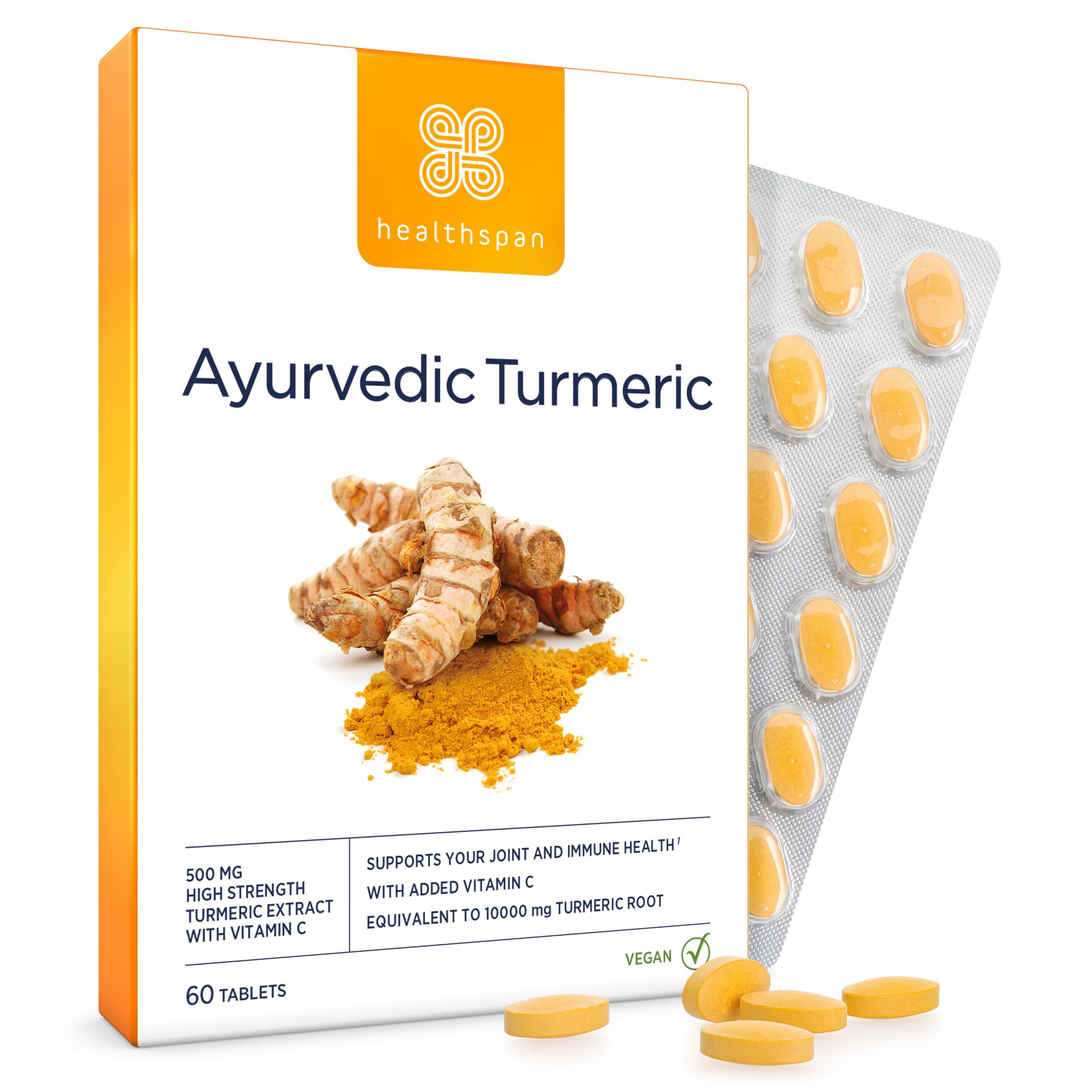Healthspan Ayurvedic Turmeric | 60 Tablets | 95% high curcuminoid Content | Added Vitamin C | Supports Joint and Immune Health | Vegan Friendly